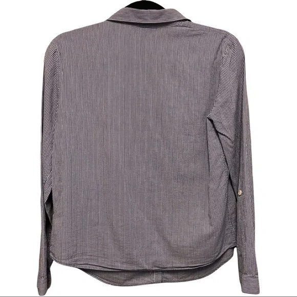 Lafayette 148 NAVY BLUE White Striped Ticking Button Down Timeless Blouse 4536 - Picture 3 of 5
